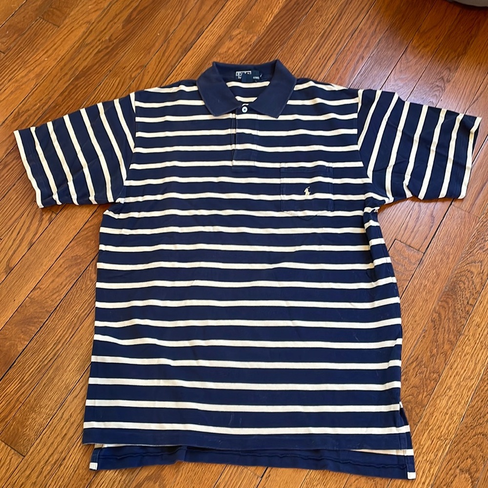 Polo by Ralph Lauren striped polo in blue and pale yellow. Gently worn. Size L - Picture 3 of 3